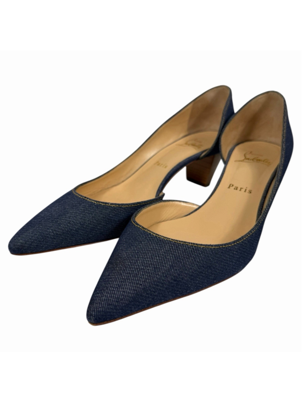 Christian Louboutin Karera 45 Denim Pointed Toe D’Orsay Pumps Wood Heel EU 39 - Picture 3 of 16